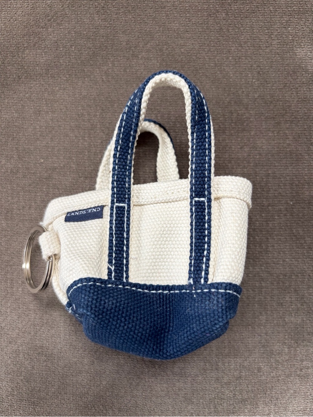 Lands' End Small Canvas Tote Keychain - White & Navy